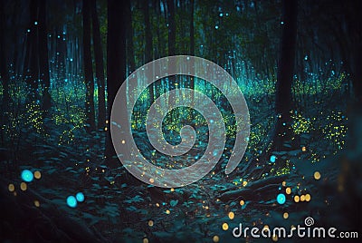 Fantasy forest at night, magic lights and fireflies in dark fairytale wood, generative AI Stock Photo