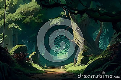 Fantasy forest with a path leading to the entrance. Cartoon Illustration