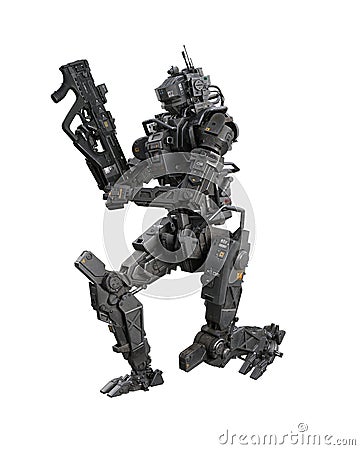 Fantasy future cyberpunk droid robot loading a submachine gun. 3D rendering isolated on white background Cartoon Illustration