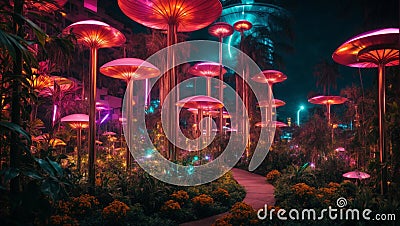 Fantasy futuristic park at night Stock Photo