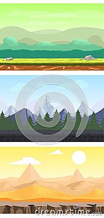 Fantasy game design landscapes set with meadow forest mountain and desert sceneries Vector Illustration