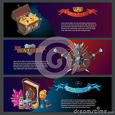 Fantasy game horizontal backgrounds. Magic equipment. Vector cartoon collection. Vector Illustration