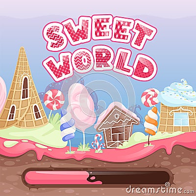 Fantasy game intro. Start screen for video game with delicious food chocolate biscuits caramel lollipop vector web page Vector Illustration