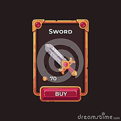 Fantasy game weapon shop UI illustration. Medieval sword game card Vector Illustration