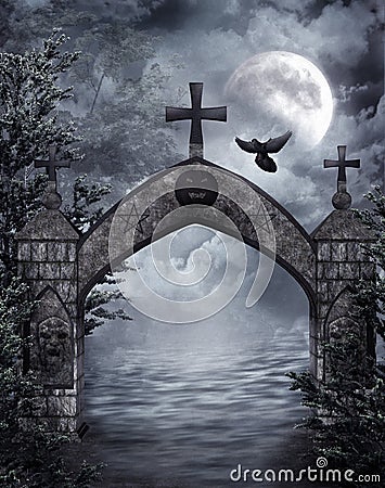 Fantasy gate with a raven Stock Photo