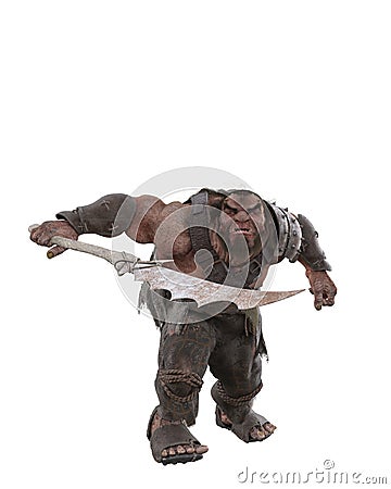 Fantasy giant in aggressive pose with large glieve weapon. 3D rendering isolated on white background Cartoon Illustration