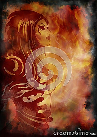 Fantasy girl on the background with fire and smoke Stock Photo