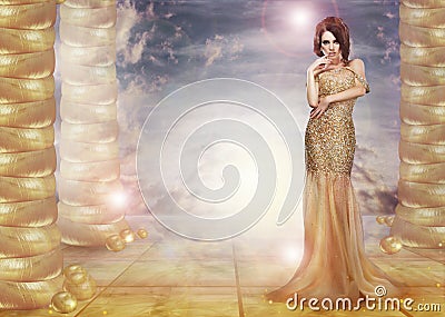 Fantasy. Glam. Enticing Lady in Stylish Dress over Abstract Background Stock Photo