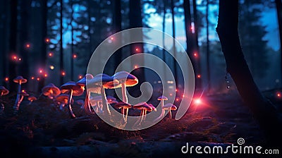 Fantasy glowing mushrooms in mystery dark forest Stock Photo