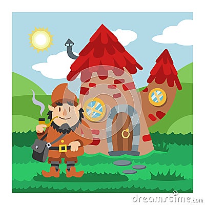 Fantasy gnome house vector cartoon fairy treehouse and magic housing village illustration set of kids gnome fairytale Vector Illustration
