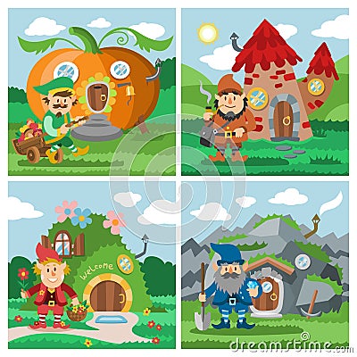 Fantasy gnome house vector cartoon fairy treehouse and magic housing village illustration set of kids gnome fairytale Vector Illustration