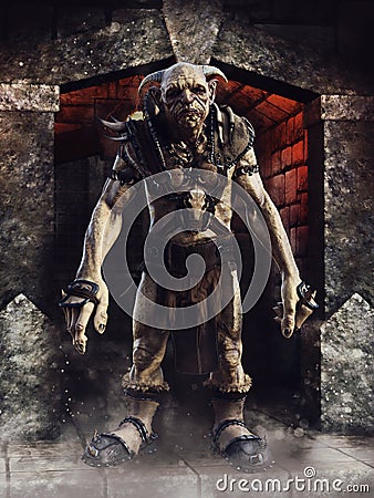 Goblin warrior in a narrow corridor Stock Photo