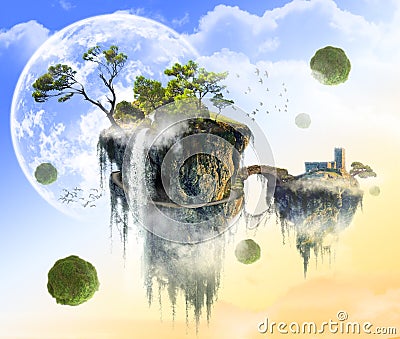 Fantasy green island flying in weightlessness Stock Photo