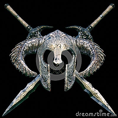 Fantasy helmet with cross swords design on a black background. Cartoon Illustration