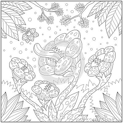 Fantasy herbivore flower, Adult and kid coloring page for education and learning Vector Illustration