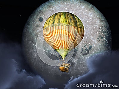 Fantasy hot air balloon in front of the moon Cartoon Illustration