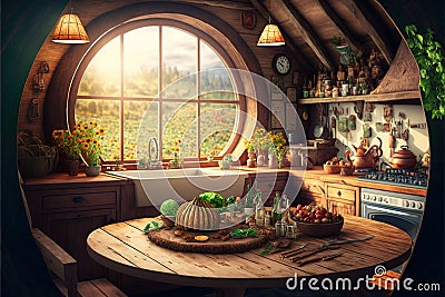 Fantasy house interior in forest, food on table in kitchen inside hobbit hut, generative AI Cartoon Illustration