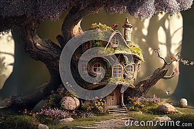 Fantasy house in magic forest, fairytale habitation in tree trunk, generative AI Stock Photo