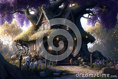 Fantasy house in magic forest, fairytale habitation in tree trunk, generative AI Stock Photo