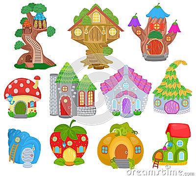 Fantasy house vector cartoon fairy treehouse and magic housing village illustration set of kids fairytale pumpkin or Vector Illustration