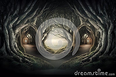 Fantasy houses in surreal forest, fairy tale huts in trees, illustration, generative AI Cartoon Illustration