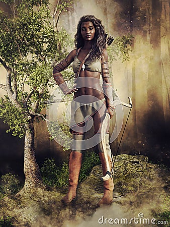 Fantasy huntress with a bow Stock Photo