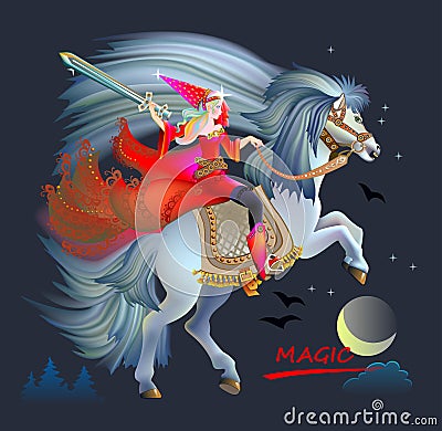 Fantasy illustration of Celtic fairy with sword riding a horse. Breton folk ethnic legend. Cover for children fairy tale book. Vector Illustration