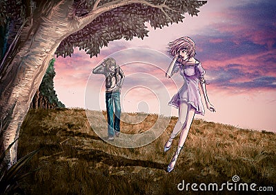 Fantasy illustration of a cute couple is walking along the beaut Cartoon Illustration