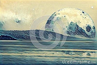 Fantasy illustration - landscape of an alien planet - huge moon Cartoon Illustration