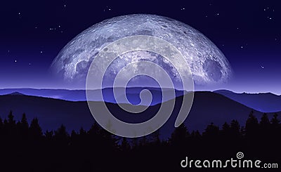 Fantasy illustration of moon or planet rising over mountain range at night. Science fiction scenery. Original artwork with mixed Cartoon Illustration