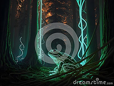 fantasy illustration of nighttime forest and cute illuminated with neon lights bioluminescence power of earth Cartoon Illustration