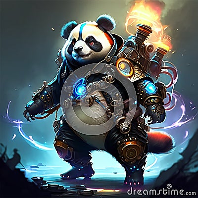 Fantasy illustration of a panda warrior with a torch in his hand AI generated Cartoon Illustration