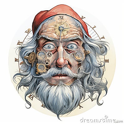 Fantasy Illustration Of Santa As A Watchmaker In Grotesque Style Cartoon Illustration