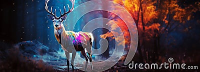 A fantasy image of a big magical deer standing in a clearing of a dark autumn forest. Stock Photo