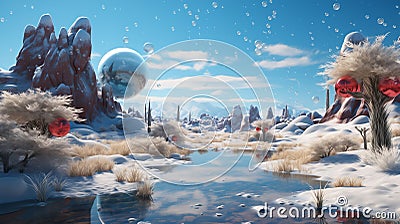 Fantasy image of illustrative land with big luxury balls, river, colored grasses. Stock Photo