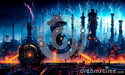 Fantasy industrial city scene with clock towers, gears and mechanisms Stock Photo