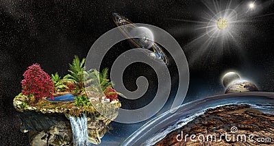 3d Illustration of fantasy island in space Cartoon Illustration