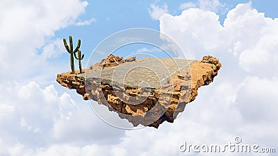 Fantasy island floating in the air with cloudy sky. Desert scene with asphalt road and cactus Stock Photo