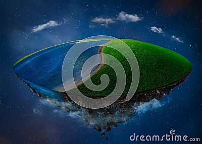 Fantasy island floating in the air with green field and lake Stock Photo