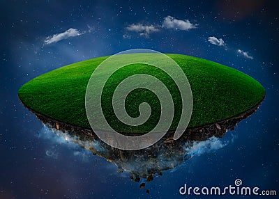 Fantasy island floating in the air with green field Stock Photo