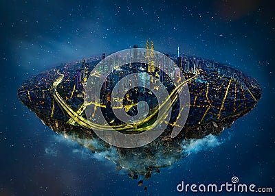 Fantasy island floating in the air with modern city skyline Stock Photo