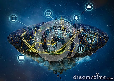 Fantasy island floating in the air with smart city and wireless communication network Stock Photo