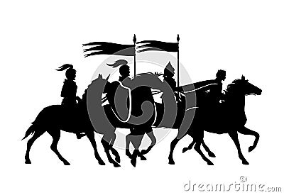 Fantasy king and guards riding horses black vector silhouette set Vector Illustration