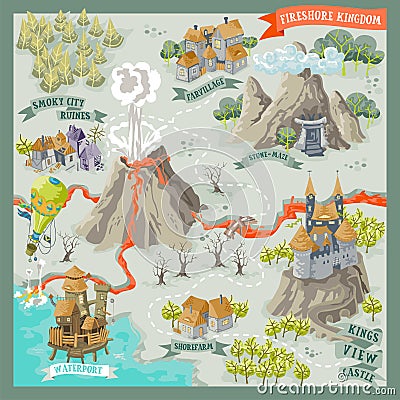 Fantasy land adventure map for cartography with colorful doodle hand draw in illustration Cartoon Illustration