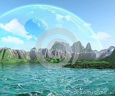 Fantasy landscape, alien Planetary system, Sea and clouds, 3d illustration Cartoon Illustration