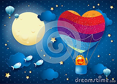Fantasy landscape with balloon heart shaped and cat, valentine card. Vector Illustration