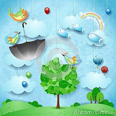 Fantasy landscape with big tree, flying umbrella and fishes Vector Illustration