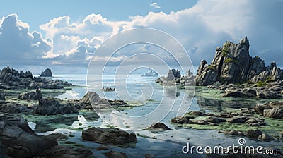 Fantasy Landscape: Calm Seas And Skies With Sharp Boulders And Rocks Stock Photo