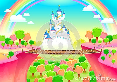 Fantasy landscape with castle and bridge Vector Illustration