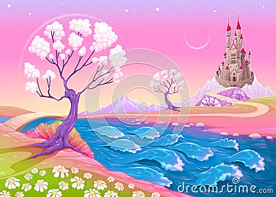 Fantasy landscape with castle Vector Illustration